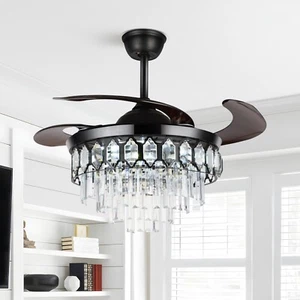 42" Modern Crystal Ceiling Fan LED Chandelier Lights Black Retractable Fandelier - Picture 1 of 13