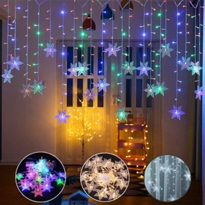 Christmas 96 LED Curtain Window Snowflake String Fairy Lights Waterproof Decor - Picture 1 of 29