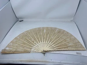 Chinese 1900's Cow Bone Lace Folding Fan Hand Painted Flower Design 14" Height - Picture 1 of 7