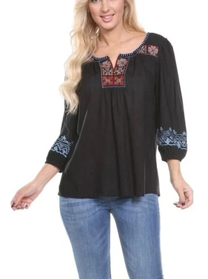 Blusa Top Para Mujer Negra Bordada Krista Lee Rapsody Adornada Mangas 3/4 Foto 1 de 4