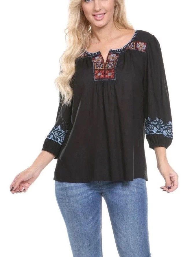 Blusa Top Para Mujer Negra Bordada Krista Lee Rapsody Adornada Mangas 3/4 Foto 1 de 4