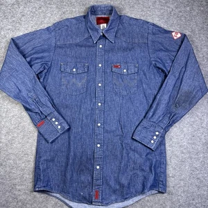 Wrangler FR Shirt Mens Large Tall Blue Flame Resistant Denim Pearl Snap Workwear - Picture 1 of 9