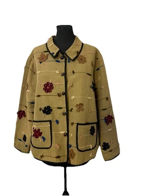 Fashion Bug Autumn Leaves Applique Art to Wear Artsy Boho Beige Jacket - Изображение 1 из 4