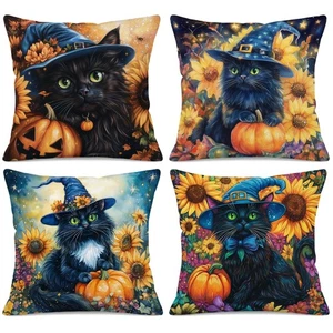 Fall Black Cat Pillow Covers 18x18 Set of 4, Cute Halloween Witch Cat Throw P... - Picture 1 of 6