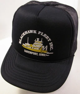 Blackhawk Fleet Trucker Hat Black Snap Adjustable Vtg Logo Cap Davenport Iowa - Picture 1 of 10