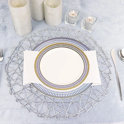 6 SILVER 15" wide Round Metallic String Placemats Wedding Events Light Gray - Image 1 of 4