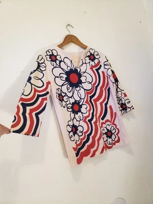 Túnica Top De Colección Años 70 Floral Poli Tejido Mod Psych Talla S M Arte Pop Gogo Ácido Hippy  Foto 1 de 4