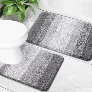 2 Piece Bathroom Rug Set, Absorbent Non-Slip Bath Mats, Plush Shaggy, Grey - Picture 1 of 9