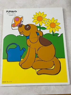Rompecabezas de madera Playskool años 80, flores amarillas mariposa perro "jardín" #186-09 Foto 1 de 4