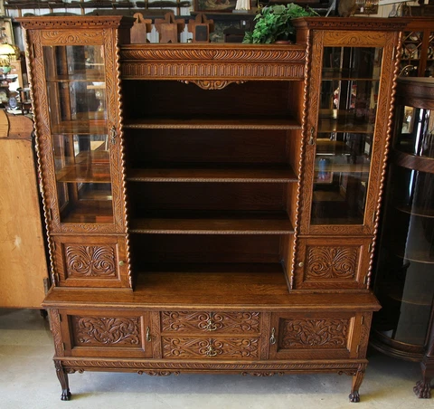 Antique 2Pc Claw Foot Tiger Oak Double China Bookcase Display Cabinet w Carvings Cover