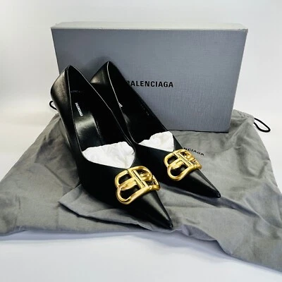 Balenciaga BB Square Knife Pump Size 38 Black Leather Pointed Toe Gold Logo Heel - Image 1 of 4