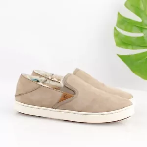 OluKai Womens Pehuea Heu Slip On Shoe Size 7 Tan Leather Sherpa Shearling Loafer - Picture 1 of 13