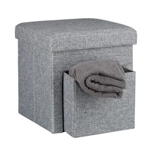 Tabouret de rangement carré pliant en lin avec couvercle compartiment pouf de... - Picture 1 of 7