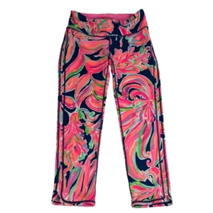 Lilly Pulitzer Weekender Banana Flambe Floral Crop Leggings Pink Blue Small - Picture 1 of 10