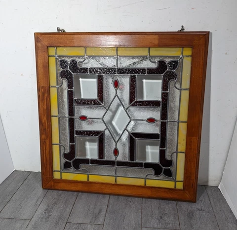 Antique Victorian Stained Leaded Beveled Glass Window Panel Salvage Wood Frame Cover