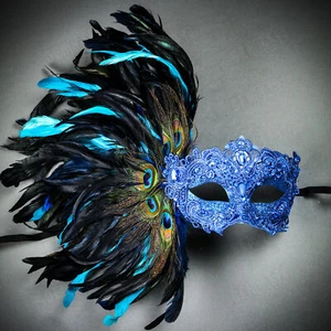 Peacock Feather Mask Masquerade for Women Venice Carnival Mardi Gras Mask Blue - Picture 1 of 8