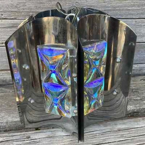 Vintage MCM Pressed Iridescent Glass Steel Hanging Light Danish Modern Eames Era - Picture 1 of 17