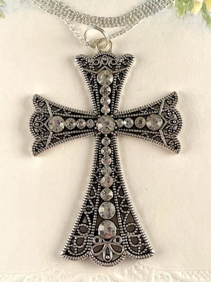 Silver Rhinestone Cross Necklace with 16 inch Chain Artisan Fashion Jewelry New - Image 1 of 4