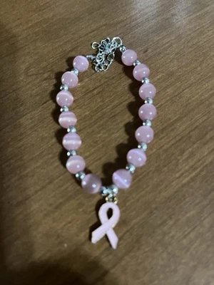 Breast Cancer Survivor/ Fighter Bracelet. Silver/Pink Beads And Pink Ribbon Box - Image 1 of 4