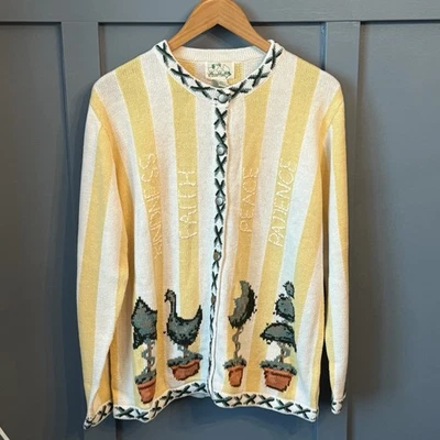 NWT Quacker Factory Garden Cardigan Sweater Lg Yellow White Striped Embroidered - Image 1 of 4