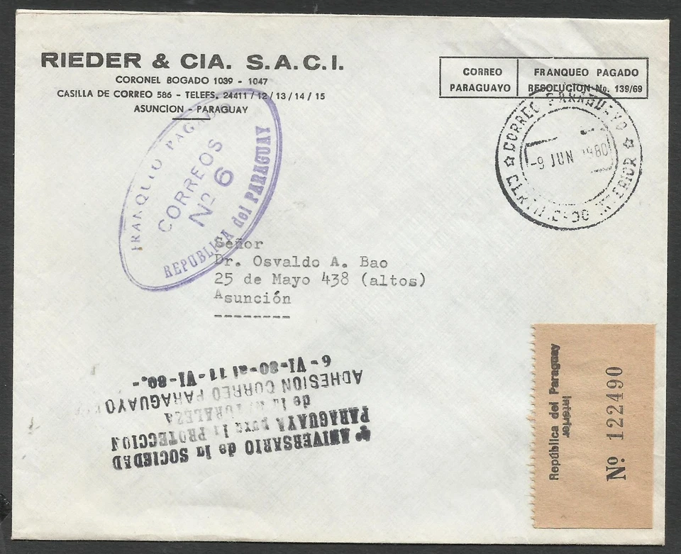 PARAGUAY REGISTERED OFFICIAL Local Cover Nature Protection cancel - Image 1 of 1