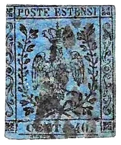 ITALY, MODENA. SG 5. 40c CENT, BLUE PAPER . 1852. CAT; £75. - Picture 1 of 1