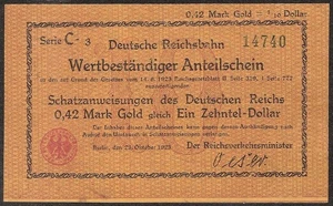 GERMANY 0,42 Mark Gold 1923 P:S1032 XF Deutsche Reichsbahn - Picture 1 of 2