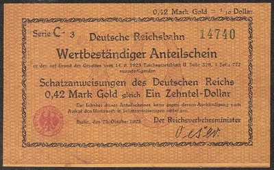 GERMANY  0,42 Mark Gold  1923  P:S1032  XF  Deutsche Reichsbahn - Image 1 of 2