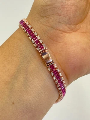 10Ct Baguette Lab Created Ruby & Diamond Tennis Bracelet 14K Rose Gold Plated - Image 1 of 4