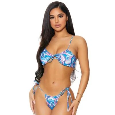 Front Tie Bikini Set Underwire Side String Cheeky Thong Blue Print 441416 Small — 第 1/3 张图片