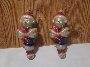 2x Vintage Glass Snowman Heads With Glitter Ornaments 6" Tall Unkown Maker - Picture 1 of 14