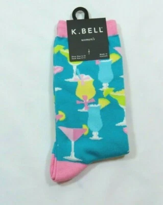  Calcetines para mujer azul cóctel Crew K Bell mezcla de algodón talla 9-11 ribete rosa  Foto 1 de 4