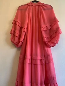 $398 Kobi Halperin Dress Geranium Koa Tiered Blouson Sleeve Midi Size S V-Neck - Picture 1 of 11