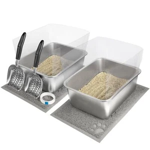 2 Set Stainless Steel Litter Box - 17.7"x13.8"x5.9", High-Sided Shield, Scoop... - Picture 1 of 8