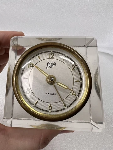Vintage SHEFFIELD Jeweled Clear GREEN LUCITE Wind Up Alarm Clock West Germany Cover
