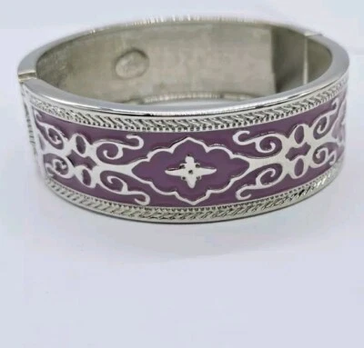 Kirks Folly Hinged Cuff Bracelet WIDE Lilac enamel Statement Silver tone - Image 1 of 4
