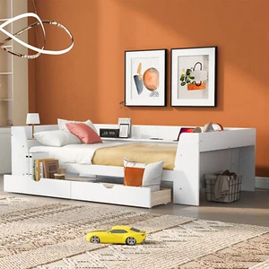 Twin Size Daybed w/ 2 Drawers Platform Bed Frame w/ Wood Slat Support White New - Picture 1 of 19