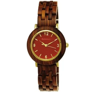 Holzwerk THALE kleine Damen Holz & Edelstahl Armband Uhr in rot braun & gold - Bild 1 von 6