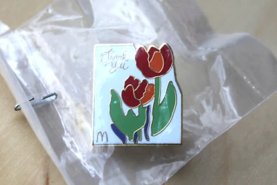 McDonald's White Enamel Metal Pin 1990's Thank You with Red Tulip Flowers - Image 1 of 2