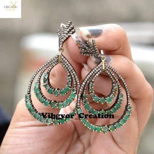 Pave Diamond Emerald Dangle Drop Earrings 925 Solid Silver Gemstone Jewellery - Picture 1 of 6