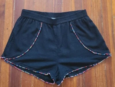 Pantalones Cortos Para Mujer Mezcla de Lino Adornados Cuentas Cintura Elástica Negros Boho Talla L Foto 1 de 4