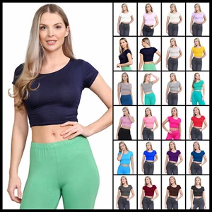Damen Crop Top Flügelärmel Uni T-Shirt Damen Rundhals kurze Oberteile 8-14 - Bild 1 von 12
