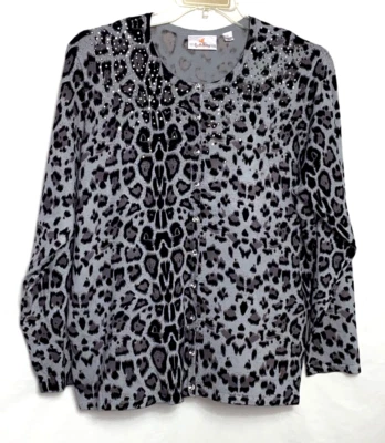 Quacker Factory Animal Print Cardigan Bracelet Sleeves Rhinestone Accent XL Gray - Image 1 of 4