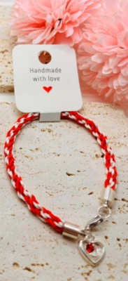Red & White Braided Bracelet With Love Heart Dangle Charm Silver Plated Handmade - Image 1 of 4