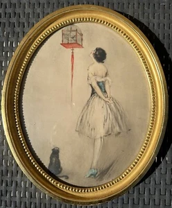 LOUIS ICART: WOMEN'S ART DECO ENGRAVING AND CAT CAGED BIRD. - Picture 1 of 4
