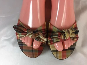 J CREW,SZ 7/37.5 Madras Slides Multicolored Plaid Bow Front Wooden Heel Sandals - Picture 1 of 12