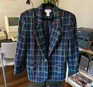 80s Vintage Tweed Plaid Blazer Diversity Size 12P Navy Teal Preppy - Picture 1 of 8