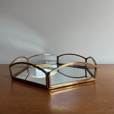 Bandeja de espejo de vidrio hexagonal vintage latón borde dorado tocador joyería decoración exhibición Foto 1 de 4