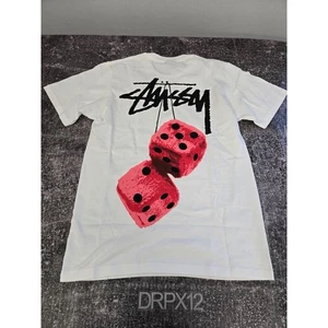 NWT Stüssy T-Shirt Mens Small White Fuzzy Dice Streetwear Graphic Retro - Picture 1 of 3
