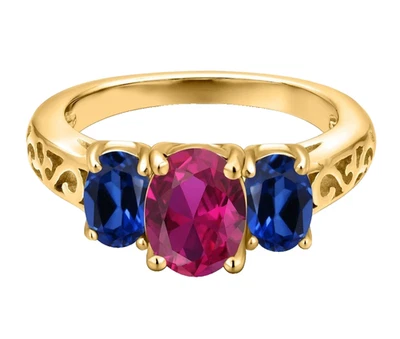 925 Silver Yellow Gold Plated Ruby Created Sapphire Three Stones Wedding Ring - Image 1 of 4